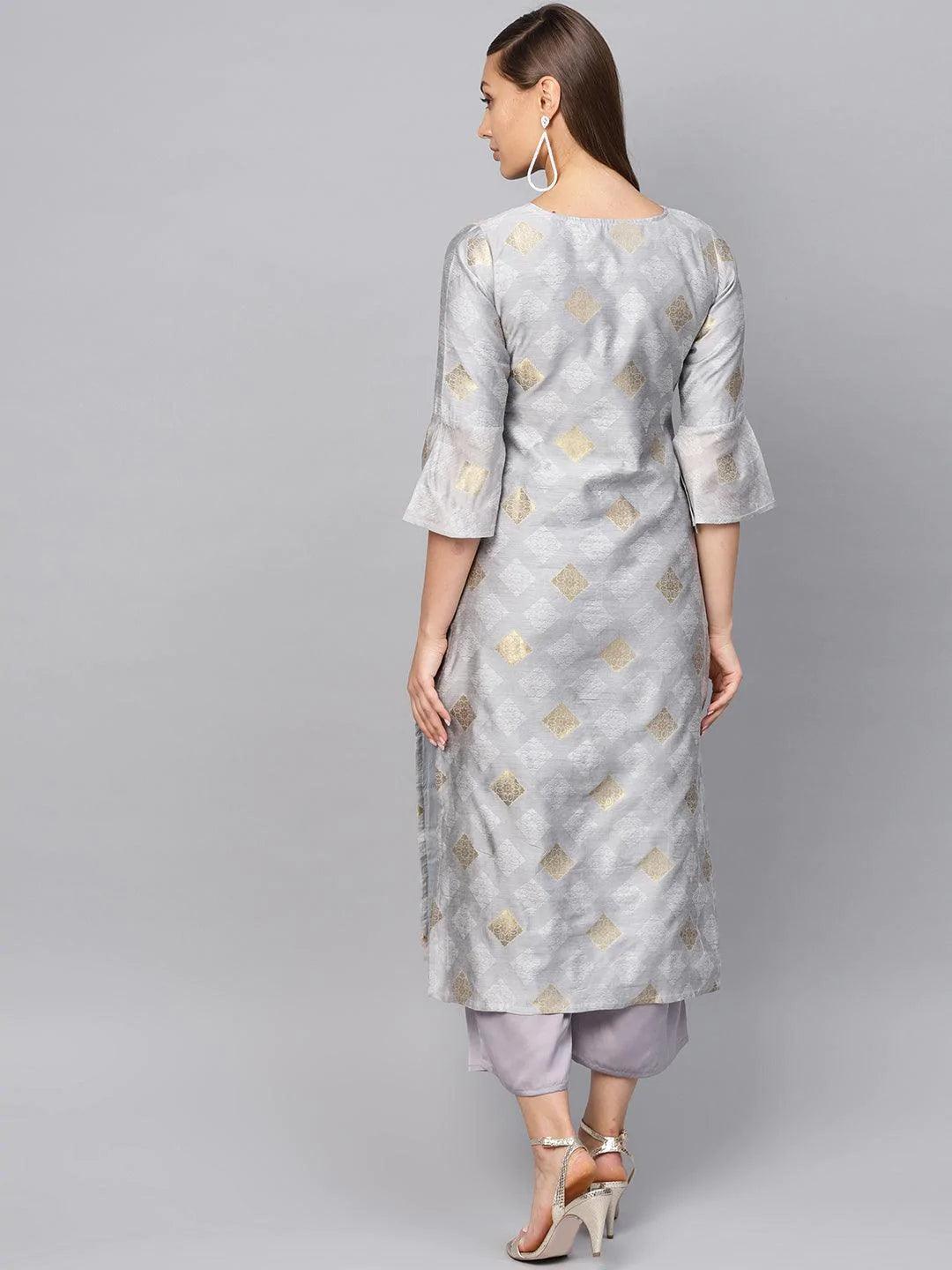 Grey Embroidered Polyester Kurta Set - ShopLibas