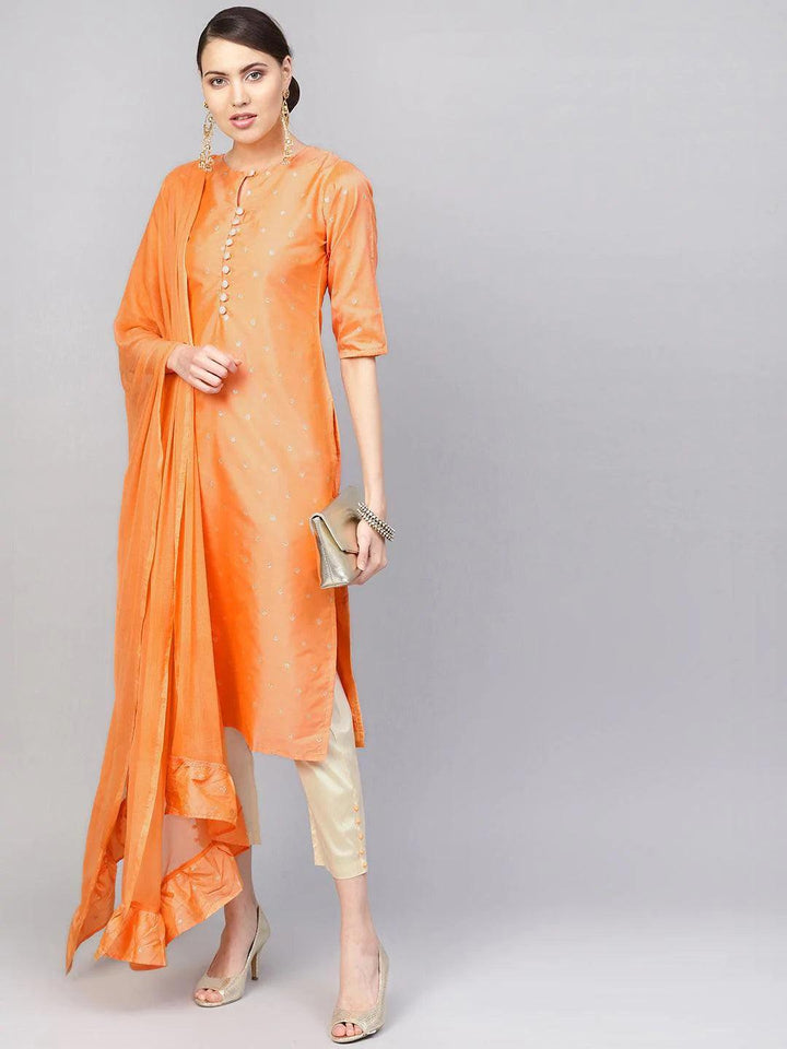 Orange Self Design Chanderi Suit Set