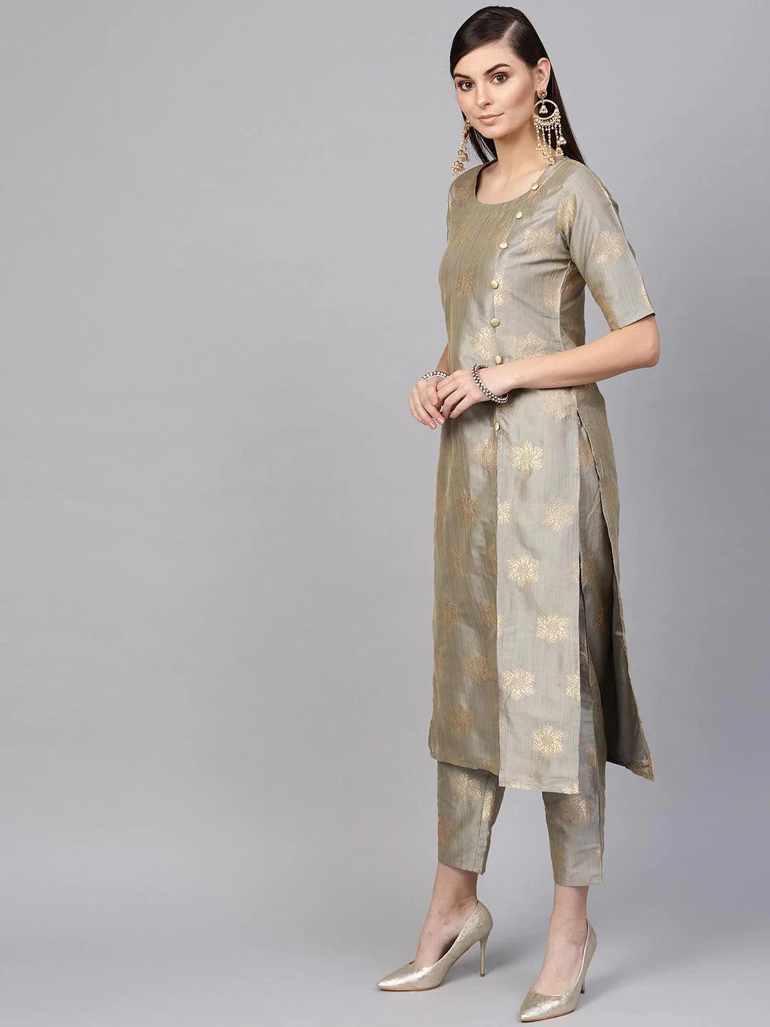 Grey Embroidered Chanderi Kurta Set - ShopLibas