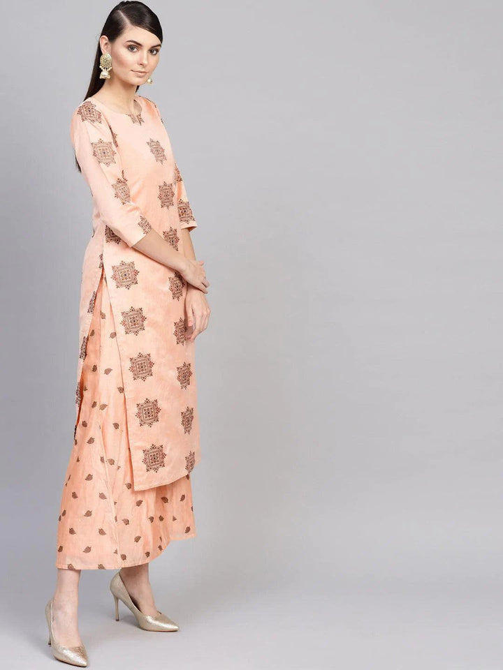 Peach Embroidered Chanderi Kurta Set