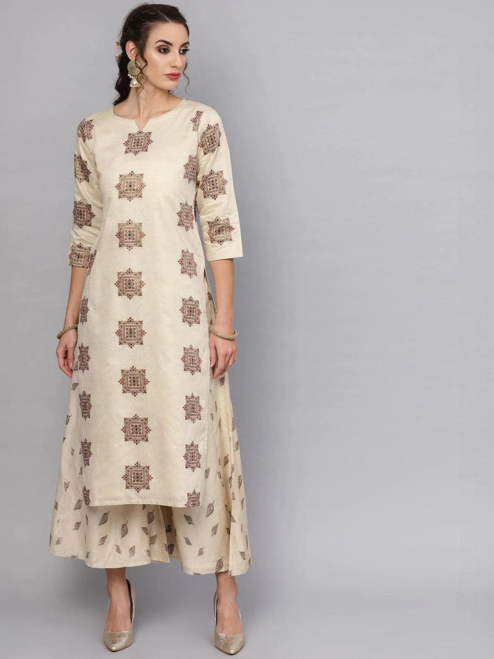 Beige Embroidered Chanderi Kurta Set