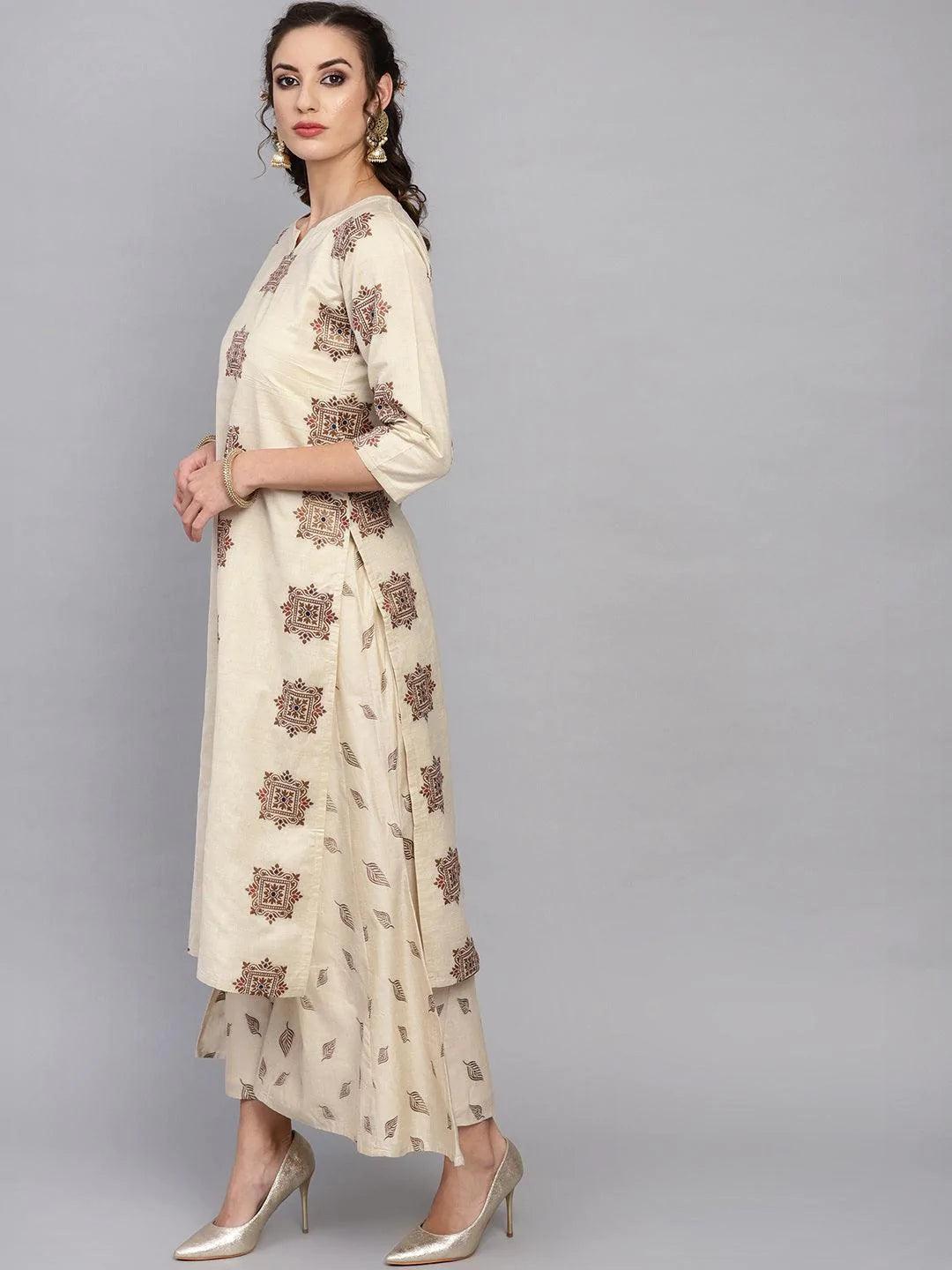 Beige Embroidered Chanderi Kurta Set - ShopLibas