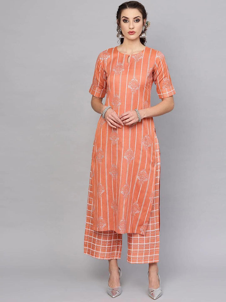 Peach Printed Cotton Kurta Set