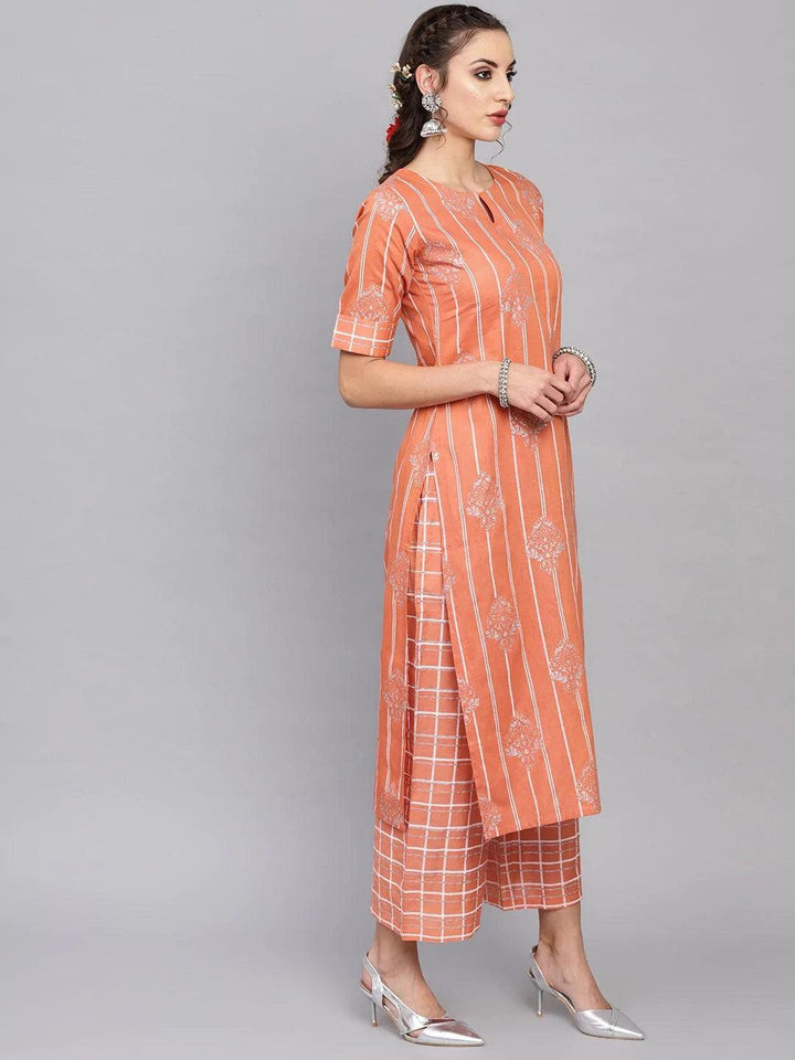 Peach Printed Cotton Kurta Set