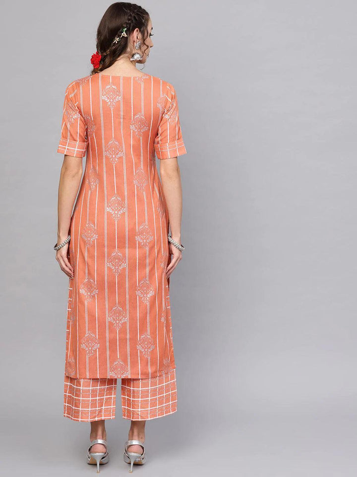 Peach Printed Cotton Kurta Set