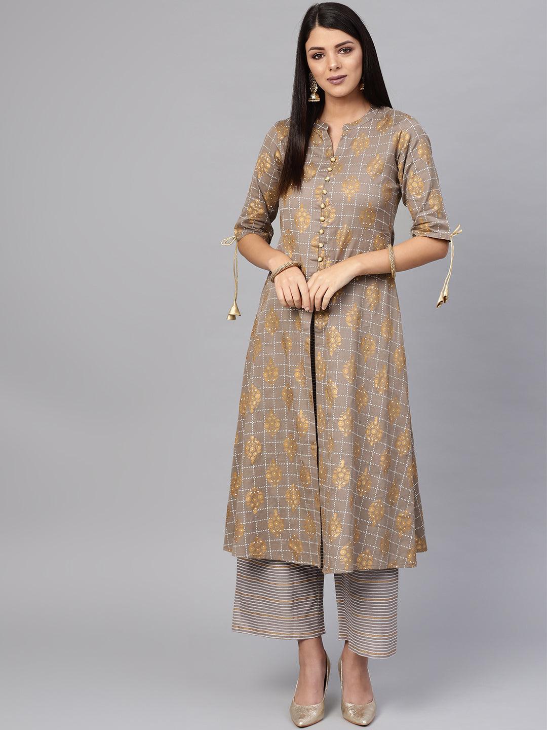Grey Printed Cotton Kurta Set - ShopLibas