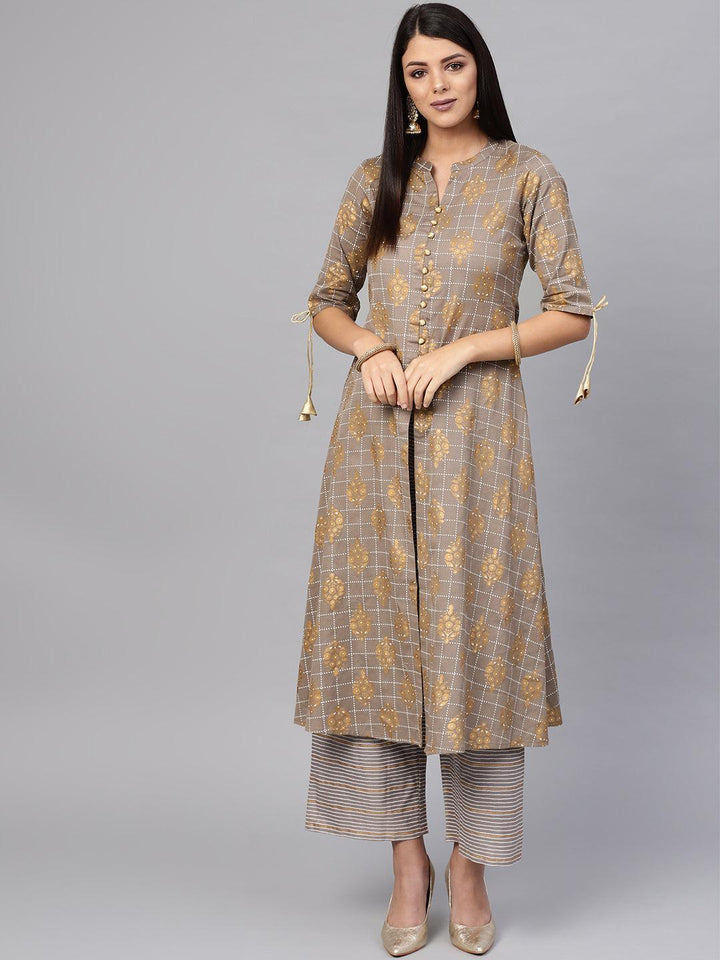 Grey Printed Cotton Kurta Set