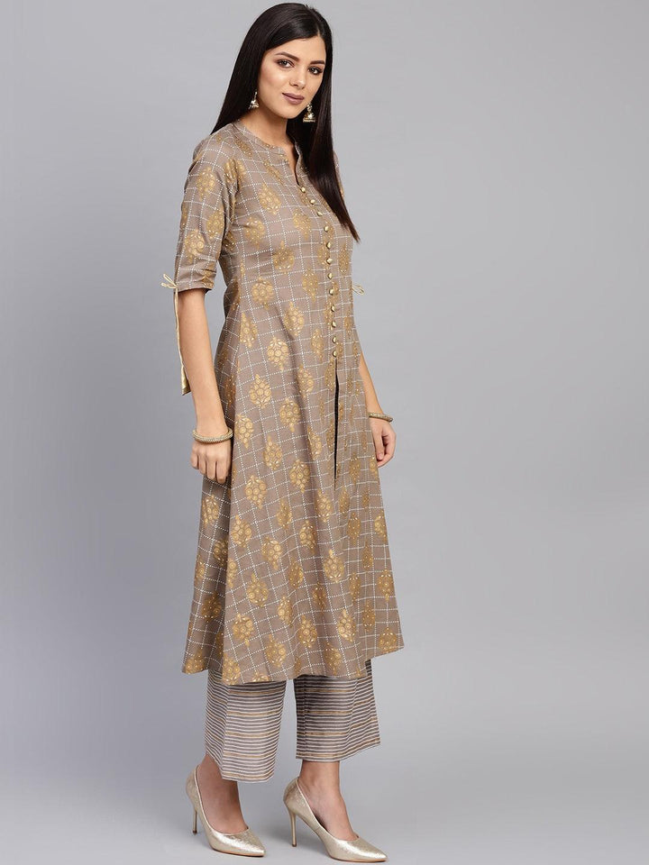 Grey Printed Cotton Kurta Set