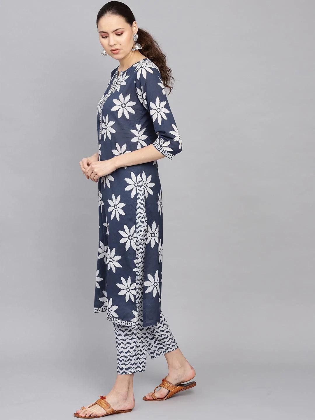 Blue Printed Cotton Suit Set - ShopLibas