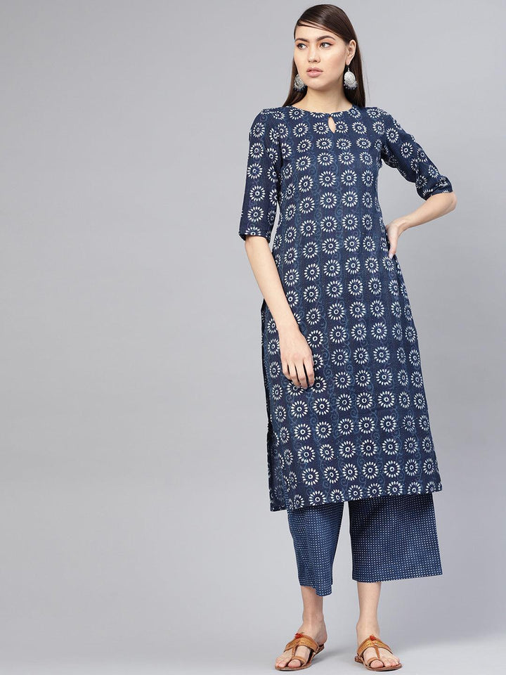 Blue Printed Cotton Kurta Set