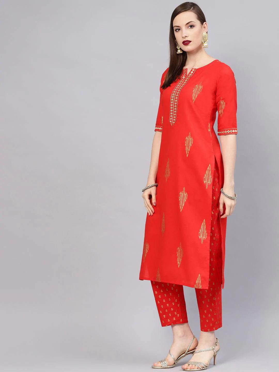 Red Printed Cotton Kurta Set - ShopLibas