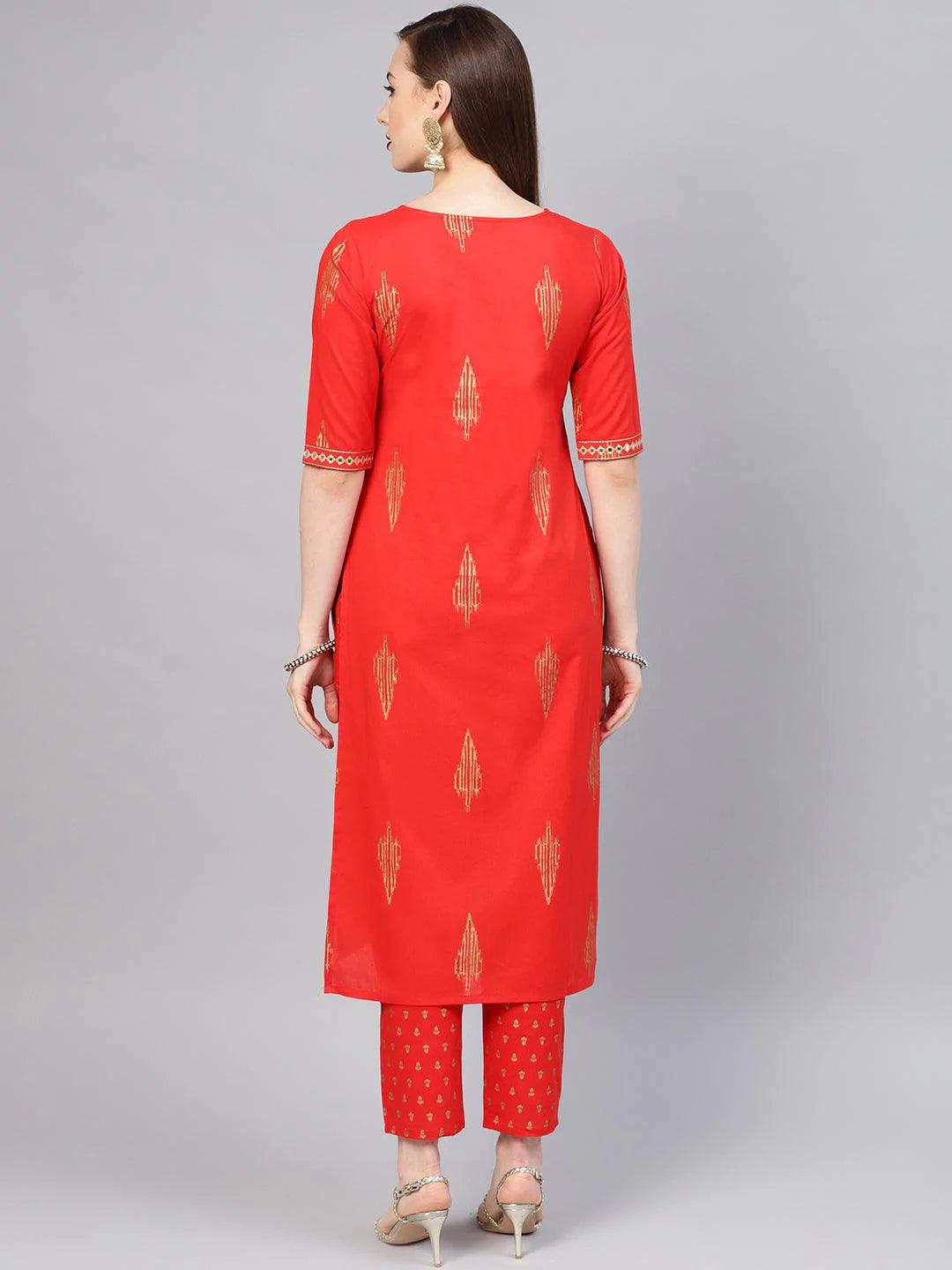 Red Printed Cotton Kurta Set - ShopLibas