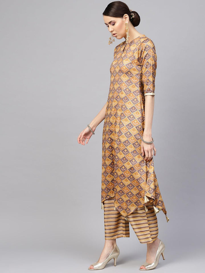 Yellow Printed Cotton Blend Kurta Set