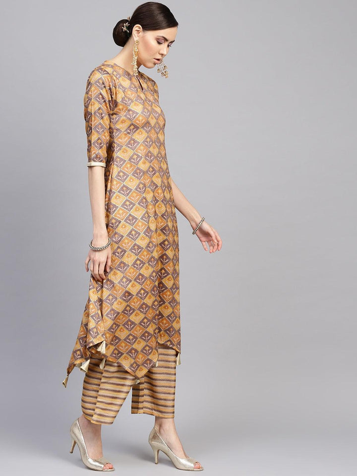 Yellow Printed Cotton Blend Kurta Set