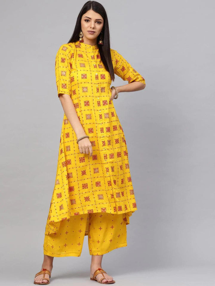Yellow Printed Cotton Blend Kurta Set