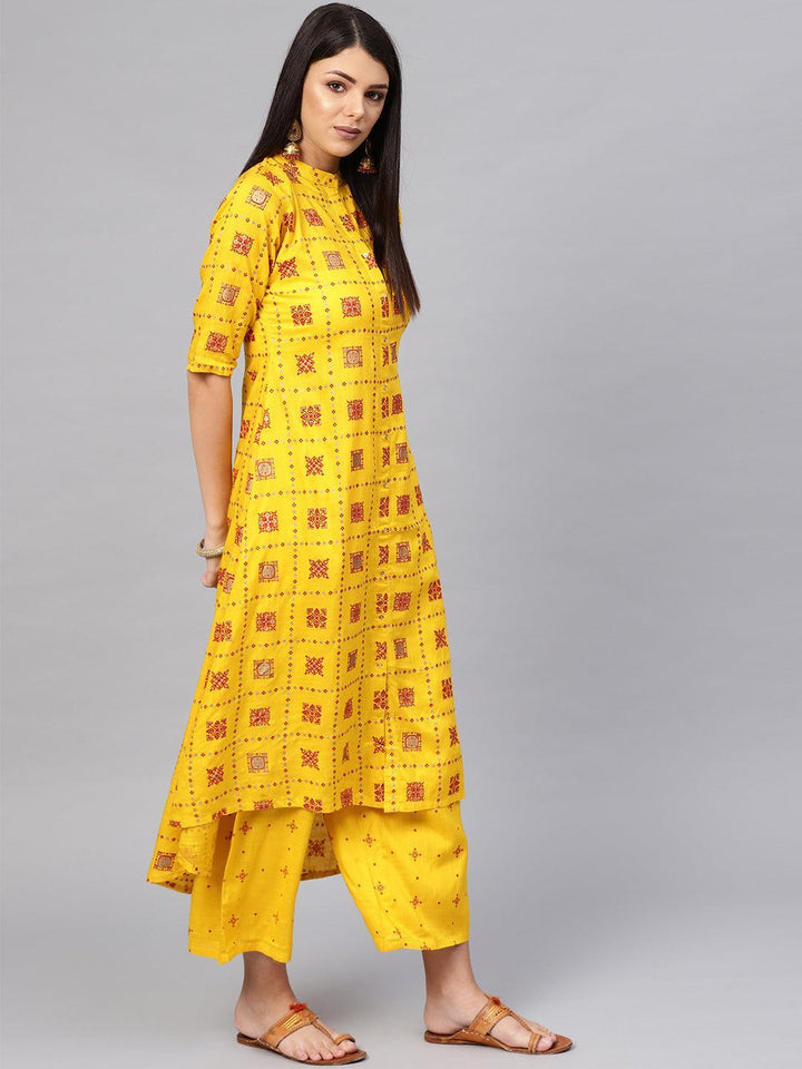 Yellow Printed Cotton Blend Kurta Set