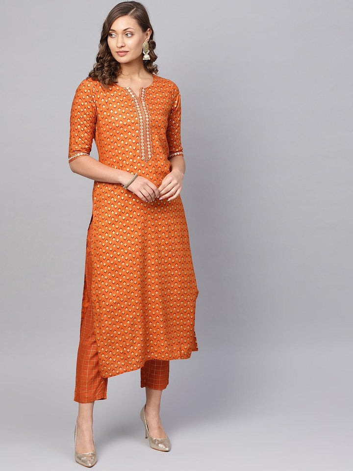 Orange Printed Rayon Kurta Set