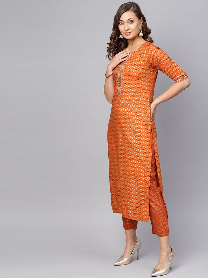 Orange Printed Rayon Kurta Set