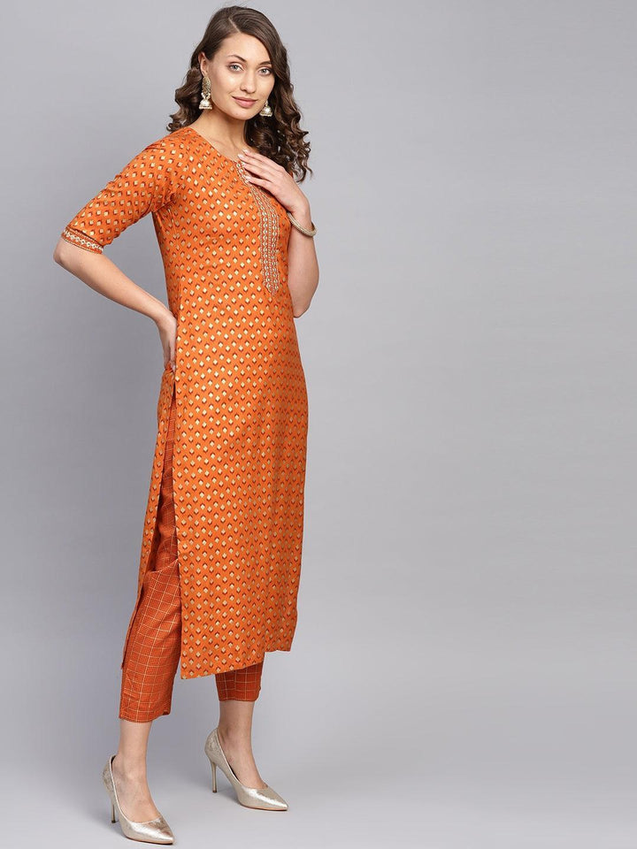 Orange Printed Rayon Kurta Set