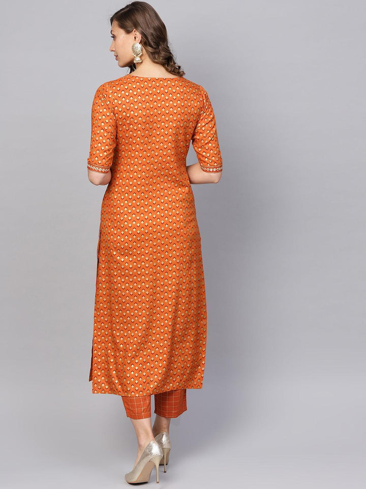 Orange Printed Rayon Kurta Set