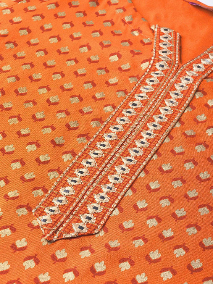 Orange Printed Rayon Kurta Set