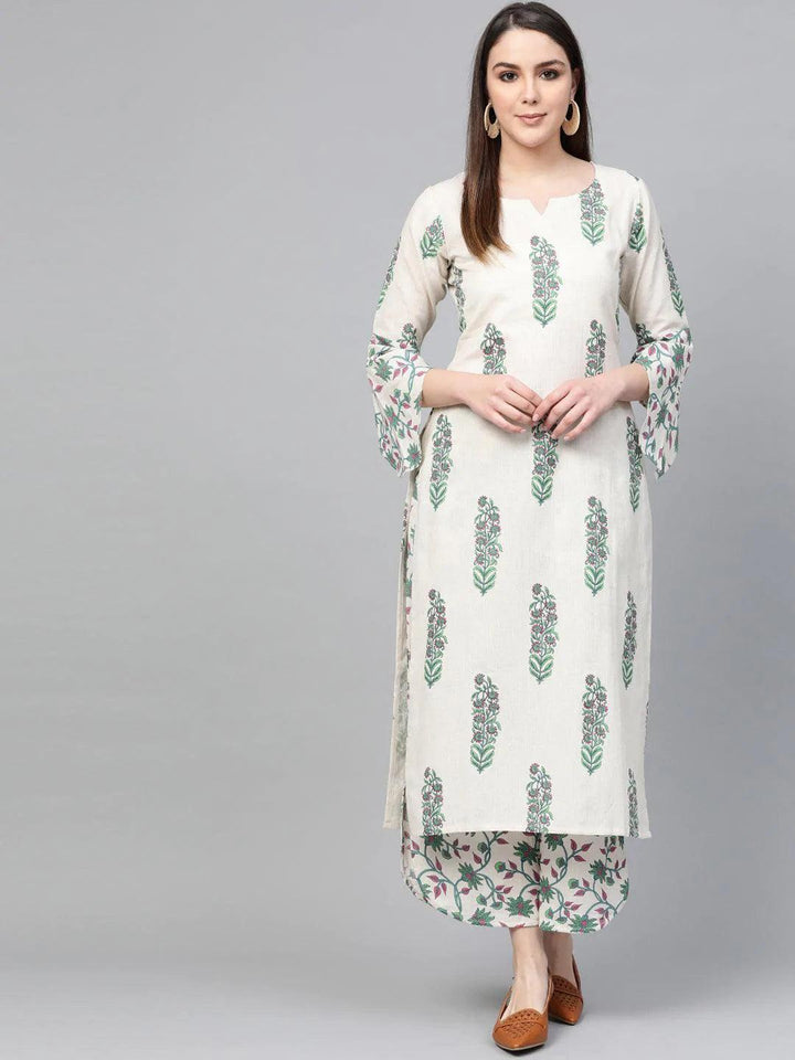 Off White Printed Cotton Kurta Set