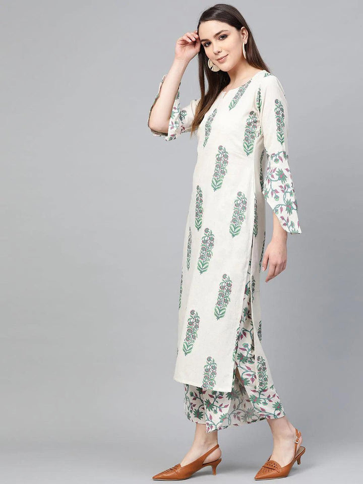 Off White Printed Cotton Kurta Set
