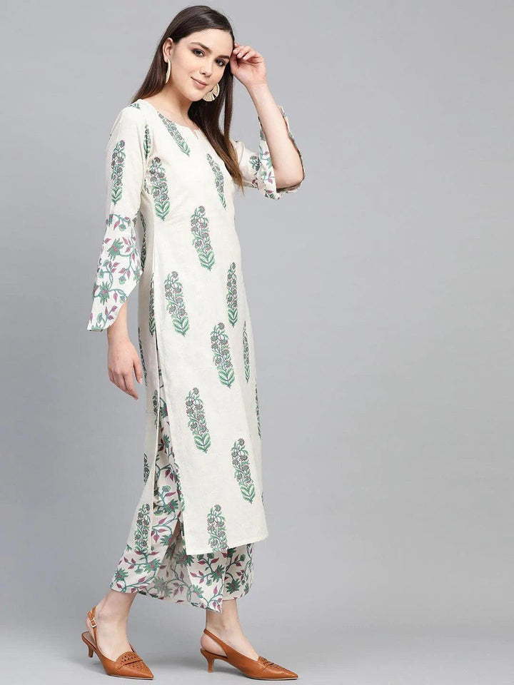 Off White Printed Cotton Kurta Set