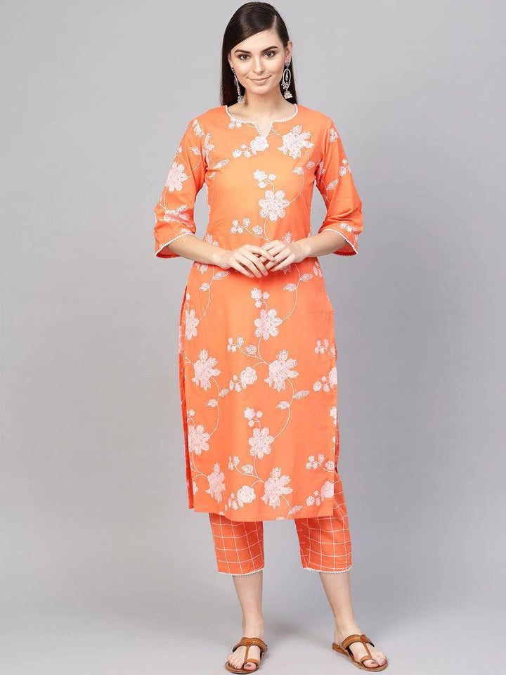 Orange Printed Cotton Kurta Set