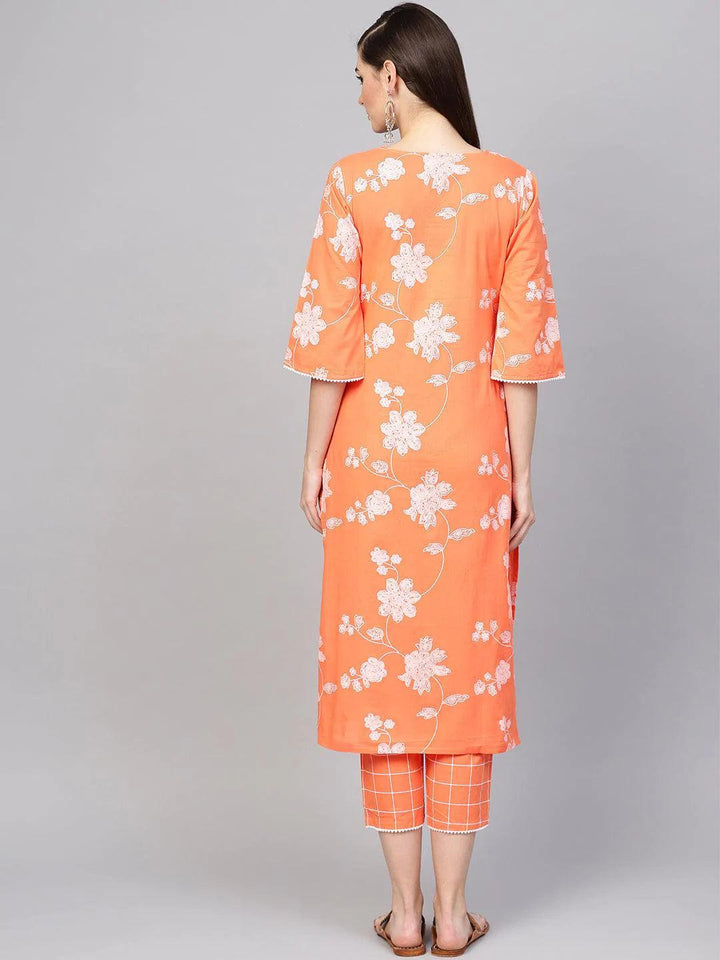 Orange Printed Cotton Kurta Set