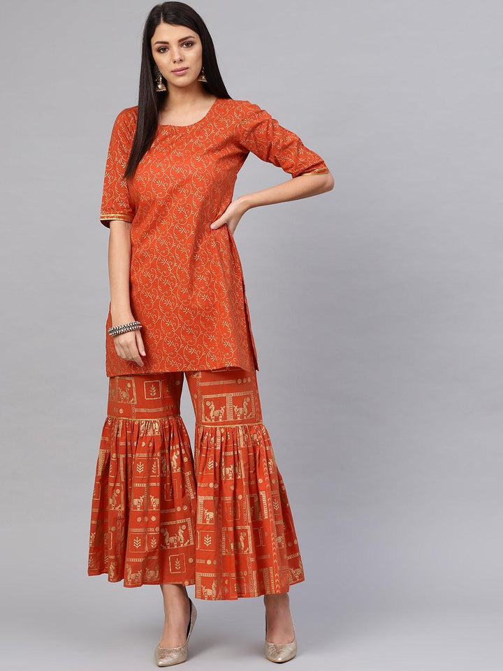 Rust Printed Cotton Kurta Set