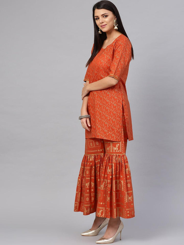 Rust Printed Cotton Kurta Set