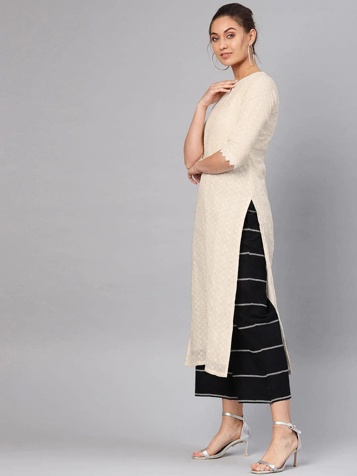 White Self Design Cotton Kurta Set