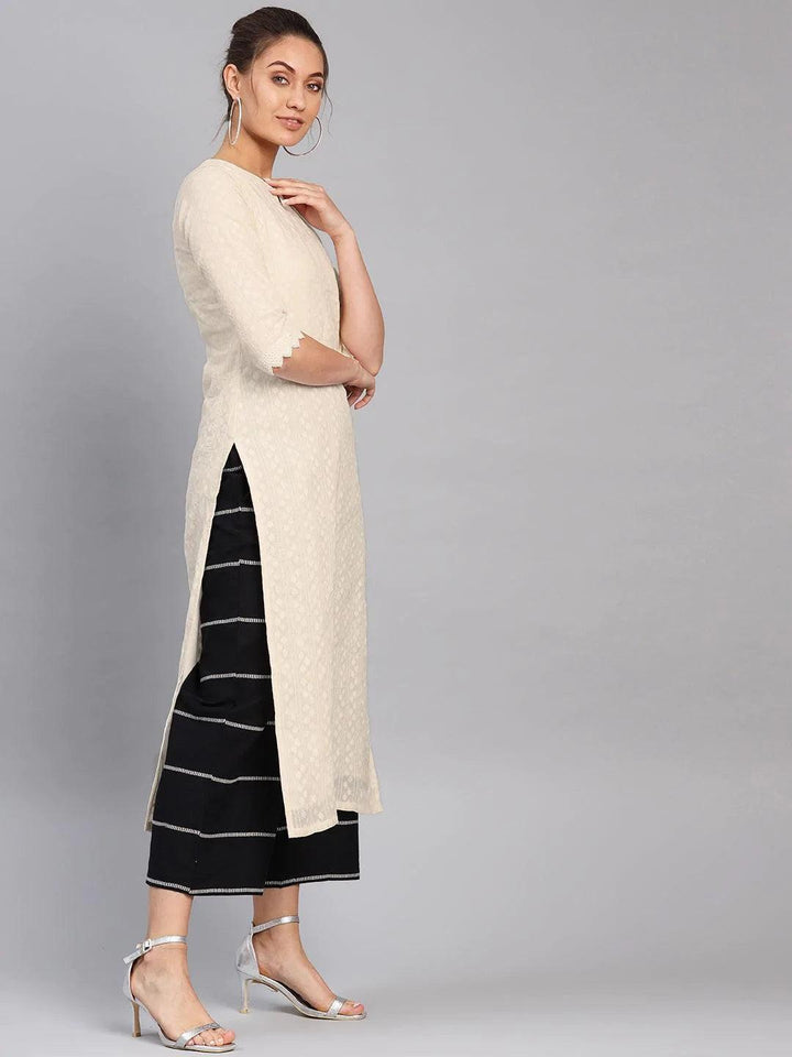 White Self Design Cotton Kurta Set
