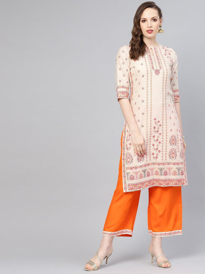 Beige Printed Cotton Kurta Set