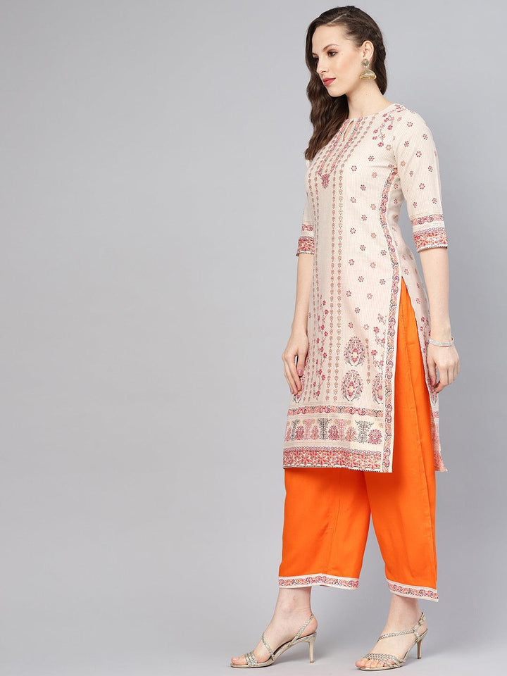 Beige Printed Cotton Kurta Set