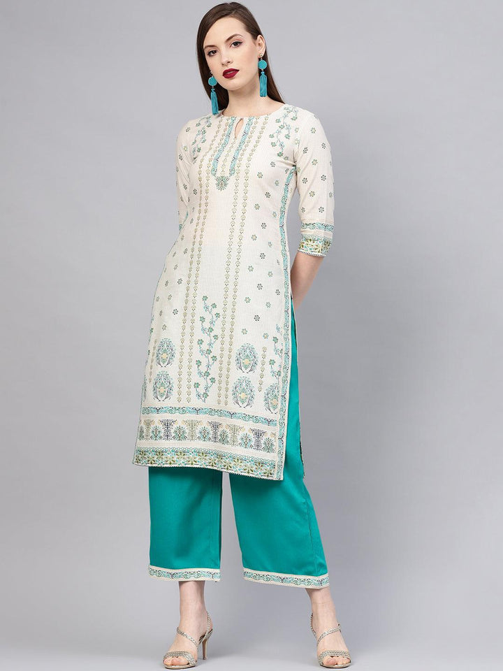 Beige Printed Cotton Kurta Set