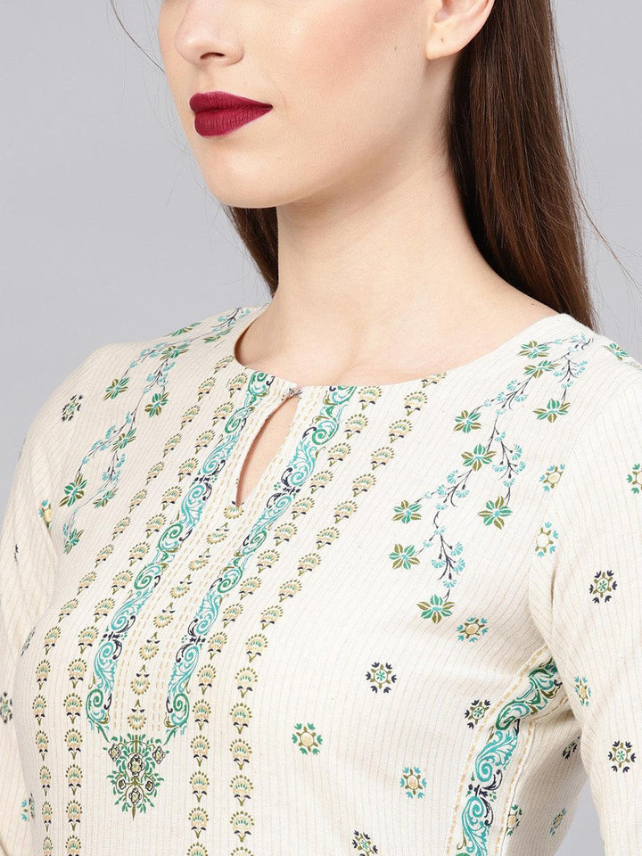 Beige Printed Cotton Kurta Set