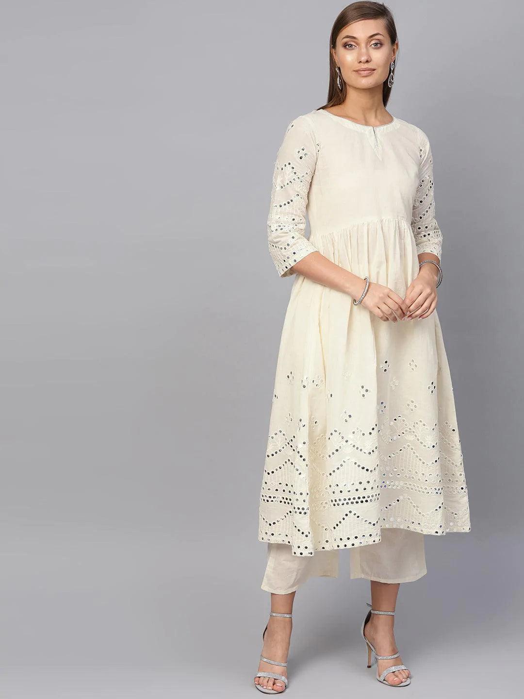White Embroidered Cotton Kurta Set - ShopLibas