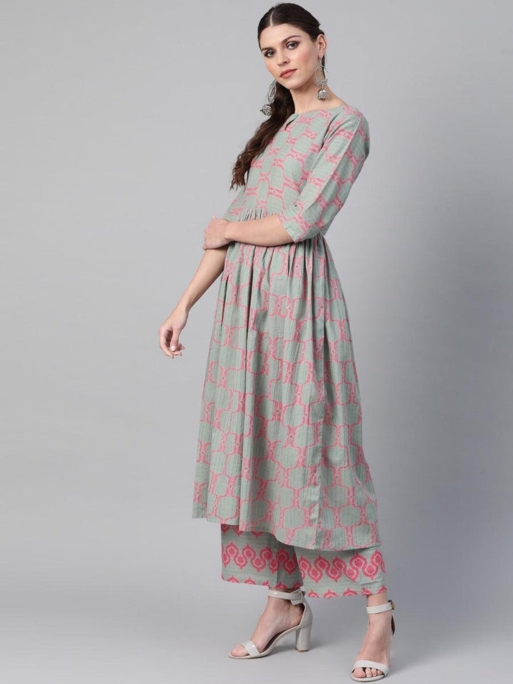 Green Printed Cotton Kurta Set