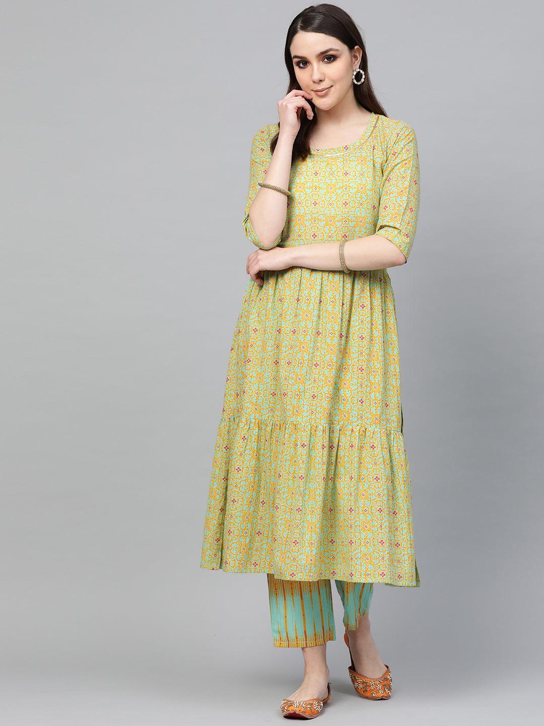 Green Printed Cotton Kurta Set - ShopLibas