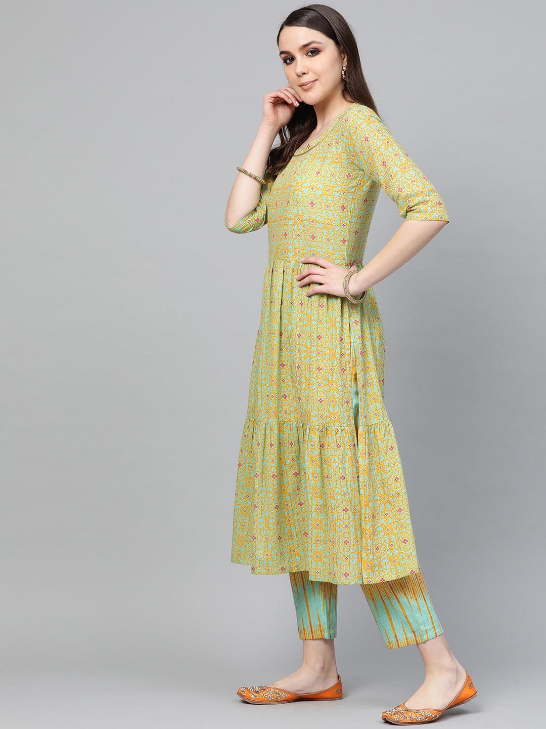Green Printed Cotton Kurta Set - ShopLibas