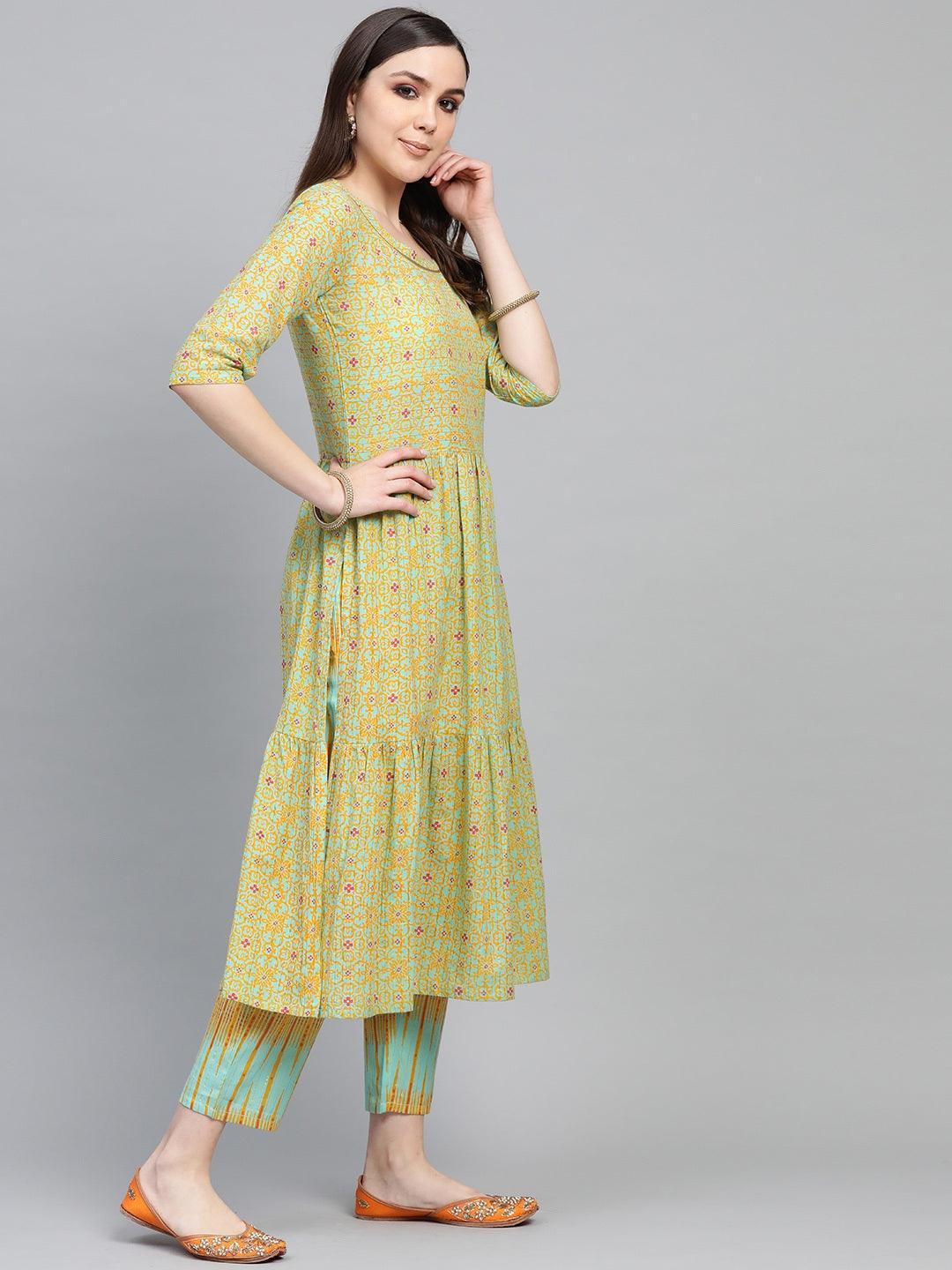 Green Printed Cotton Kurta Set - ShopLibas