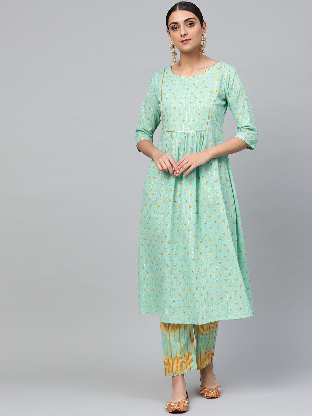 Green Printed Cotton Kurta Set - ShopLibas