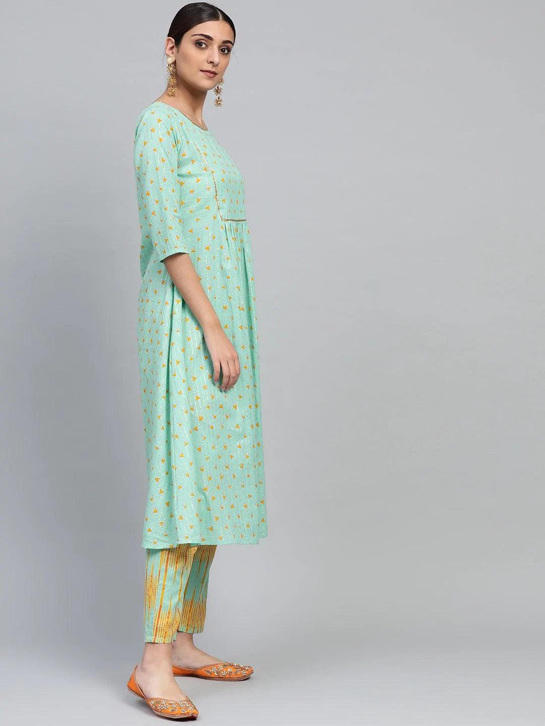 Green Printed Cotton Kurta Set - ShopLibas