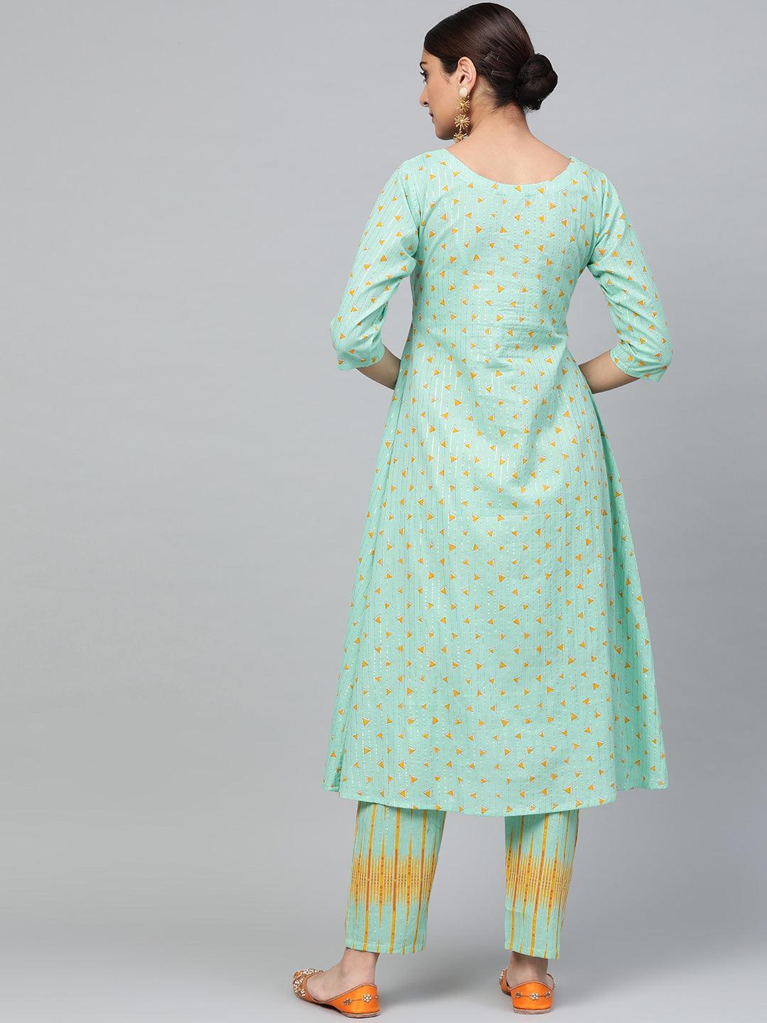 Green Printed Cotton Kurta Set - ShopLibas