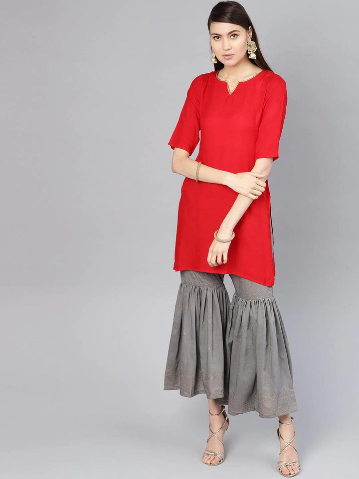 Red Solid Rayon Kurta Set
