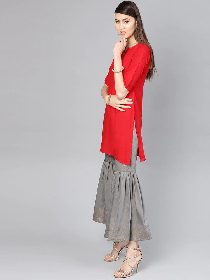 Red Solid Rayon Kurta Set