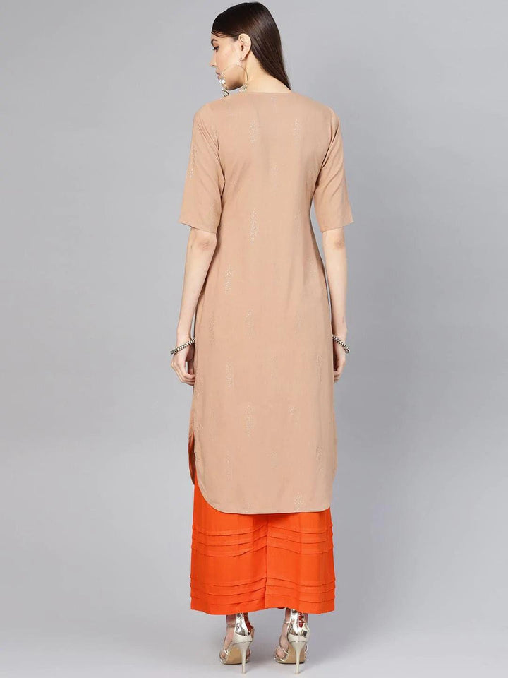 Beige Printed Rayon Kurta Set