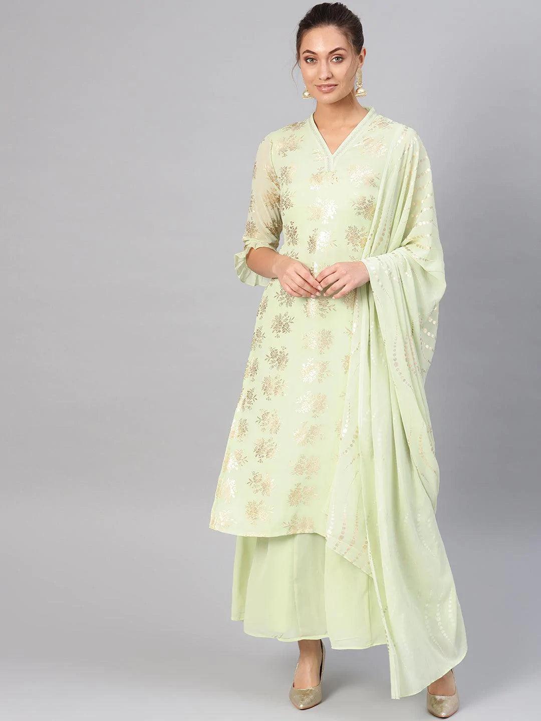 Green Printed Georgette Suit Set - ShopLibas